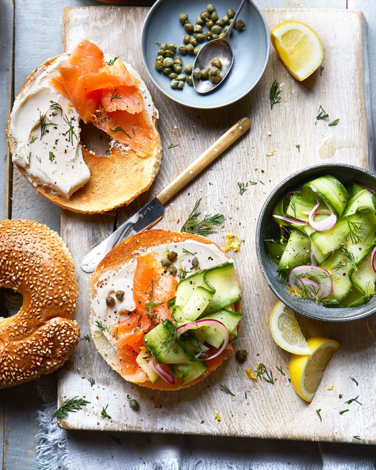 toasted bagel with cream cheese and smoked salmon